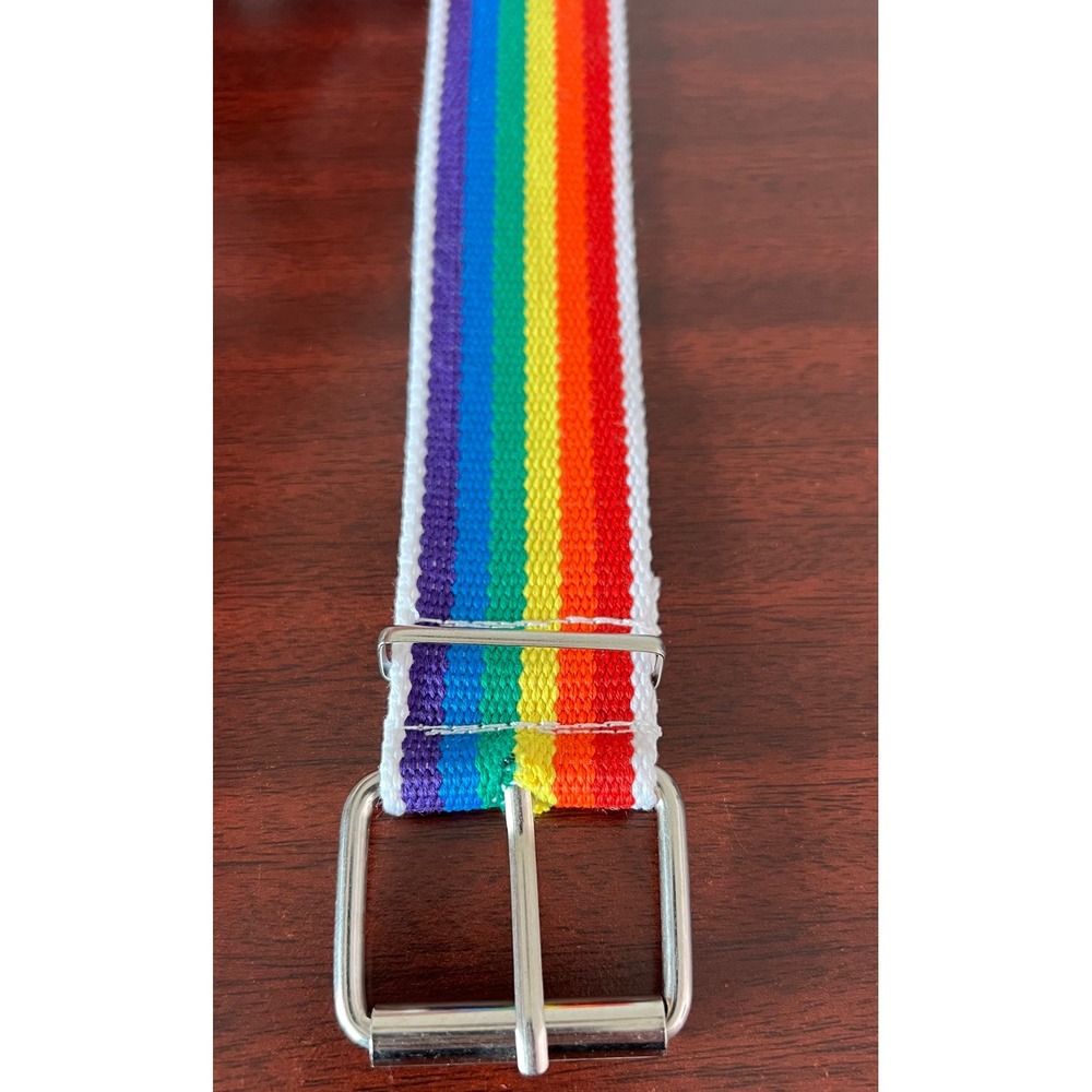 Rainbow Striped Canvas Grommet Belt Silver Buckle Pride Y2K Festival 42 Inch